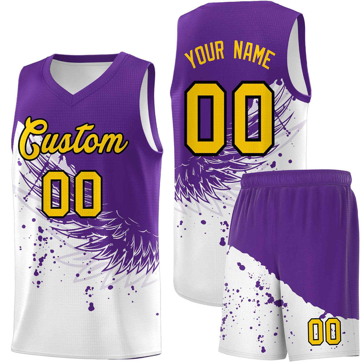 Custom White Purple Wing Pattern Sports Uniform Basketball Jersey