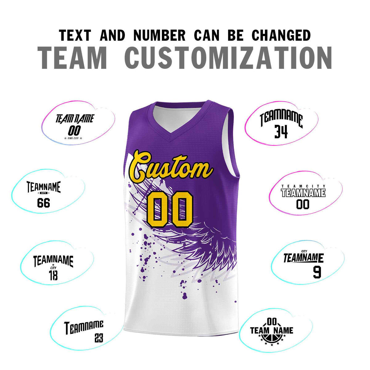 Custom White Purple Wing Pattern Sports Uniform Basketball Jersey