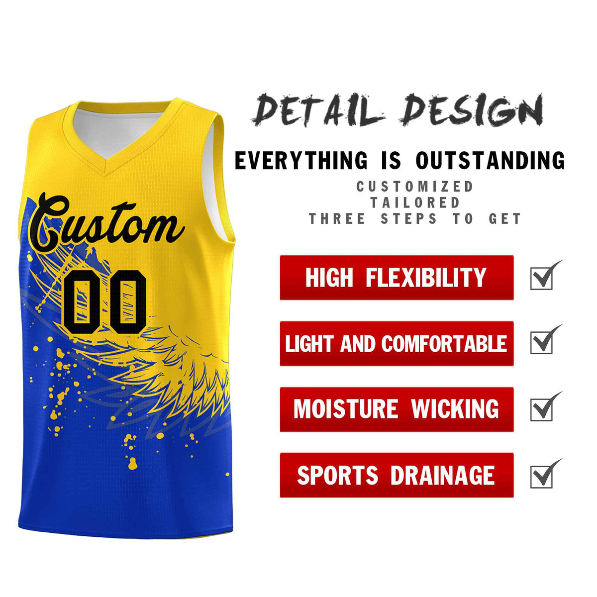 Custom Royal Gold Wing Pattern Sports Uniform Basketball Jersey