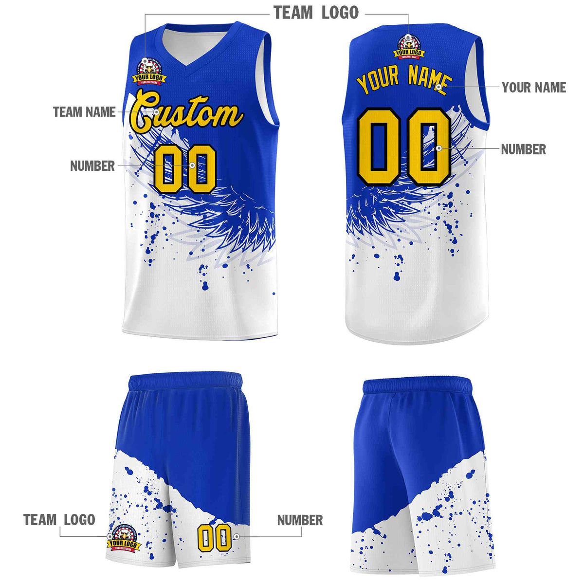 Custom White Royal Wing Pattern Sports Uniform Basketball Jersey