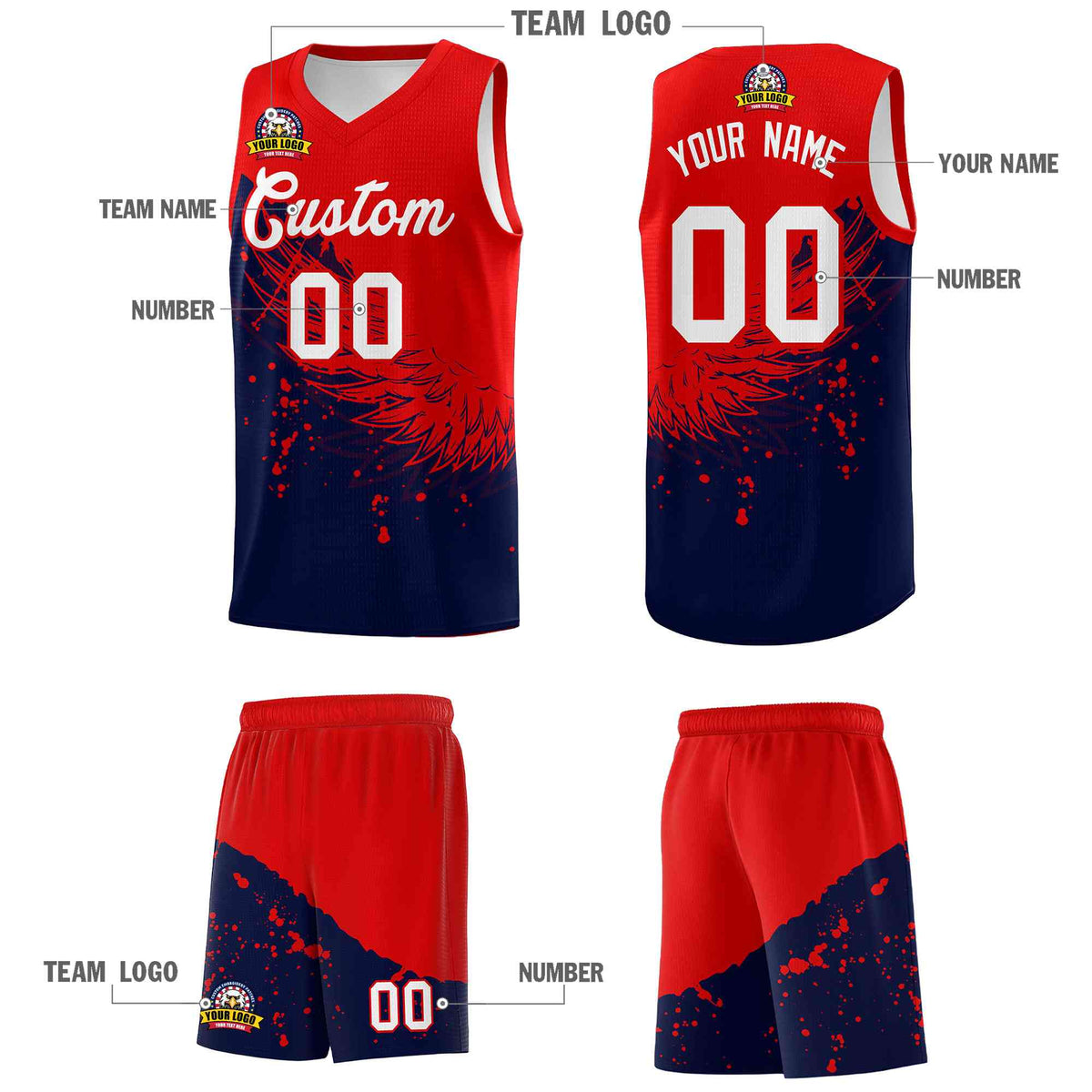 Custom Navy Red Wing Pattern Sports Uniform Basketball Jersey