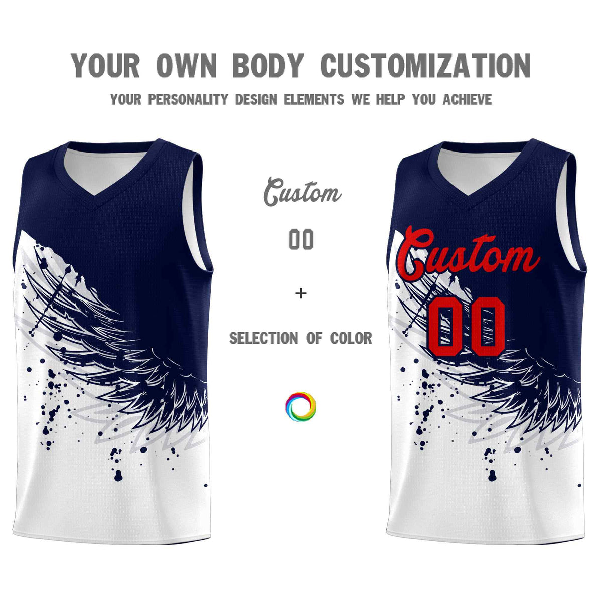 Custom White Navy Wing Pattern Sports Uniform Basketball Jersey