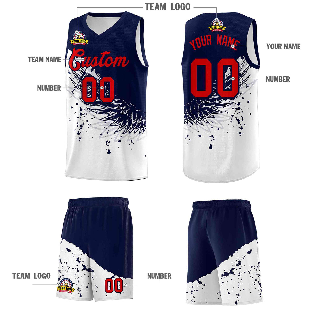 Custom White Navy Wing Pattern Sports Uniform Basketball Jersey