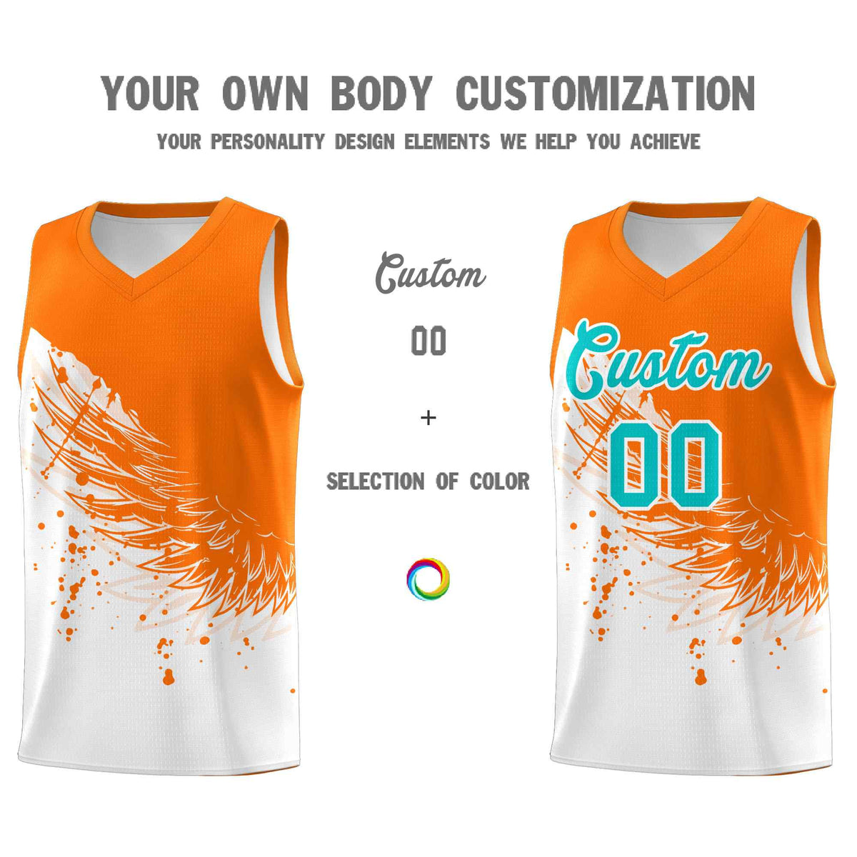 Custom White Orange Wing Pattern Sports Uniform Basketball Jersey