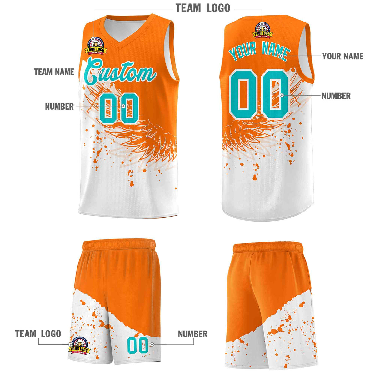 Custom White Orange Wing Pattern Sports Uniform Basketball Jersey