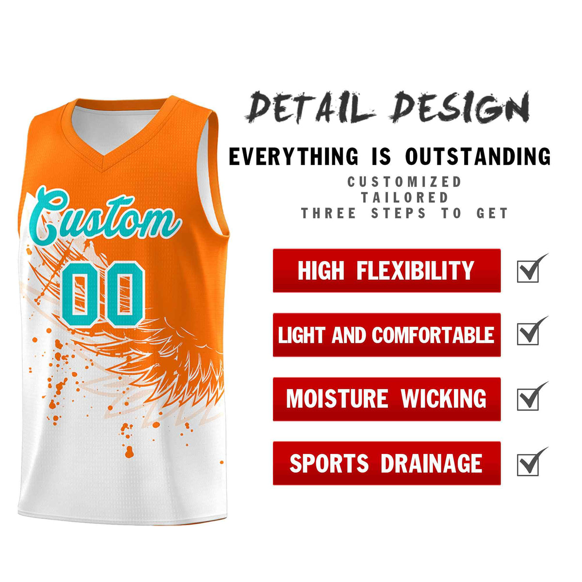 Custom White Orange Wing Pattern Sports Uniform Basketball Jersey