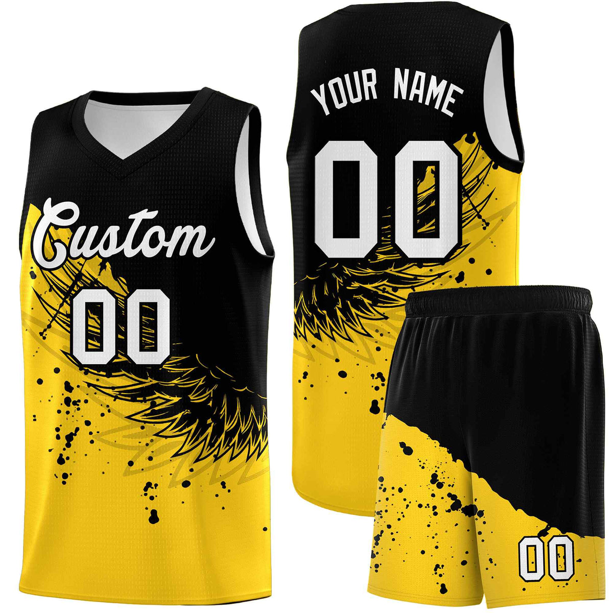 Custom Gold Black Wing Pattern Sports Uniform Basketball Jersey