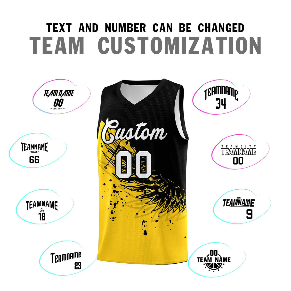 Custom Gold Black Wing Pattern Sports Uniform Basketball Jersey