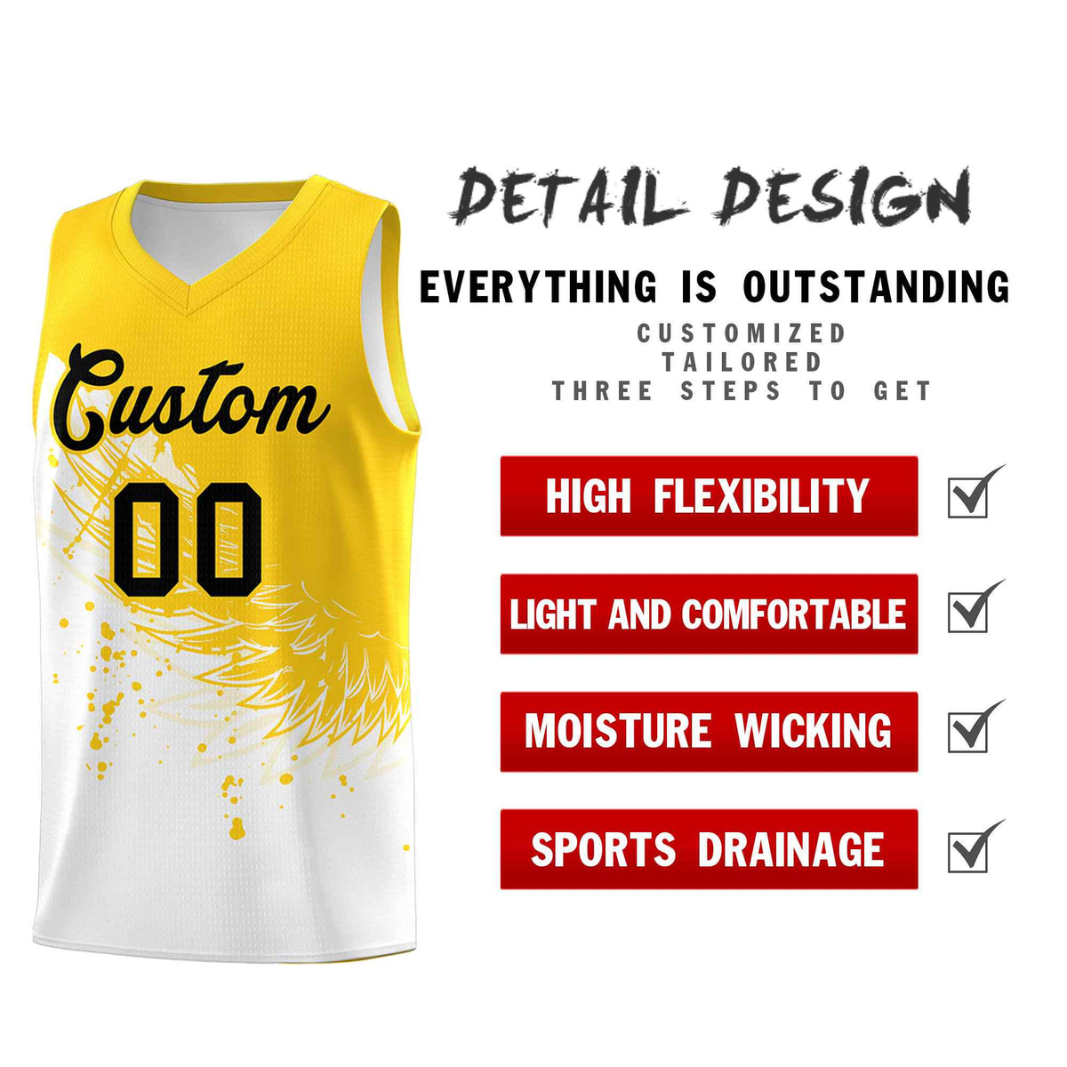 Custom White Gold Wing Pattern Sports Uniform Basketball Jersey
