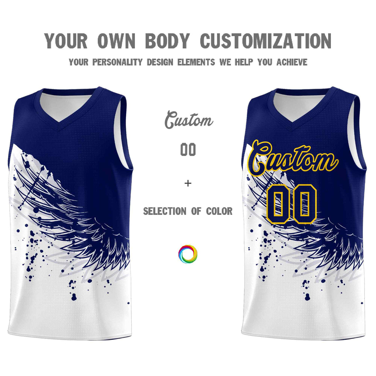 Custom White Navy Wing Pattern Sports Uniform Basketball Jersey