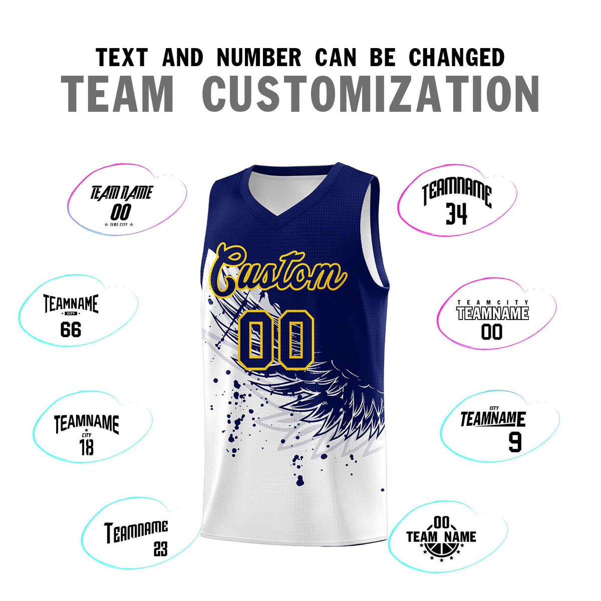 Custom White Navy Wing Pattern Sports Uniform Basketball Jersey