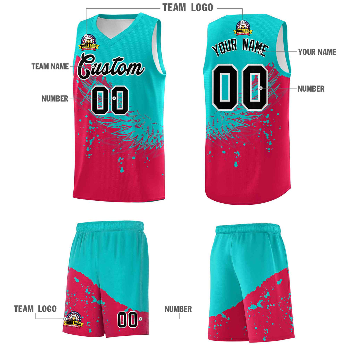 Custom Red Aqua Wing Pattern Sports Uniform Basketball Jersey