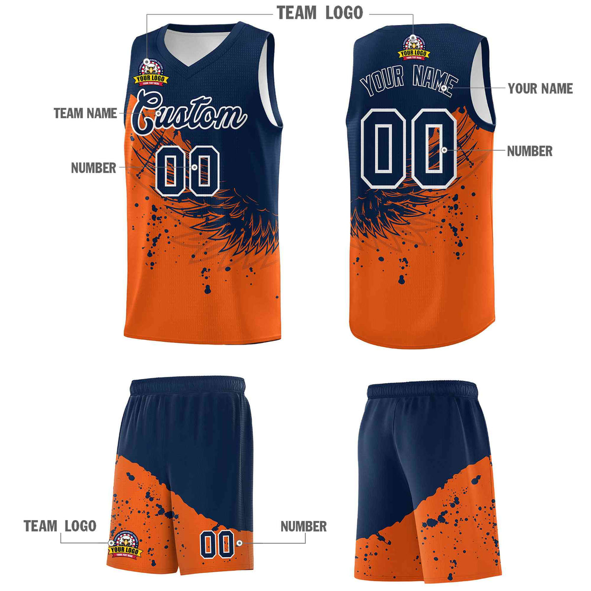 Custom Orange Navy Wing Pattern Sports Uniform Basketball Jersey