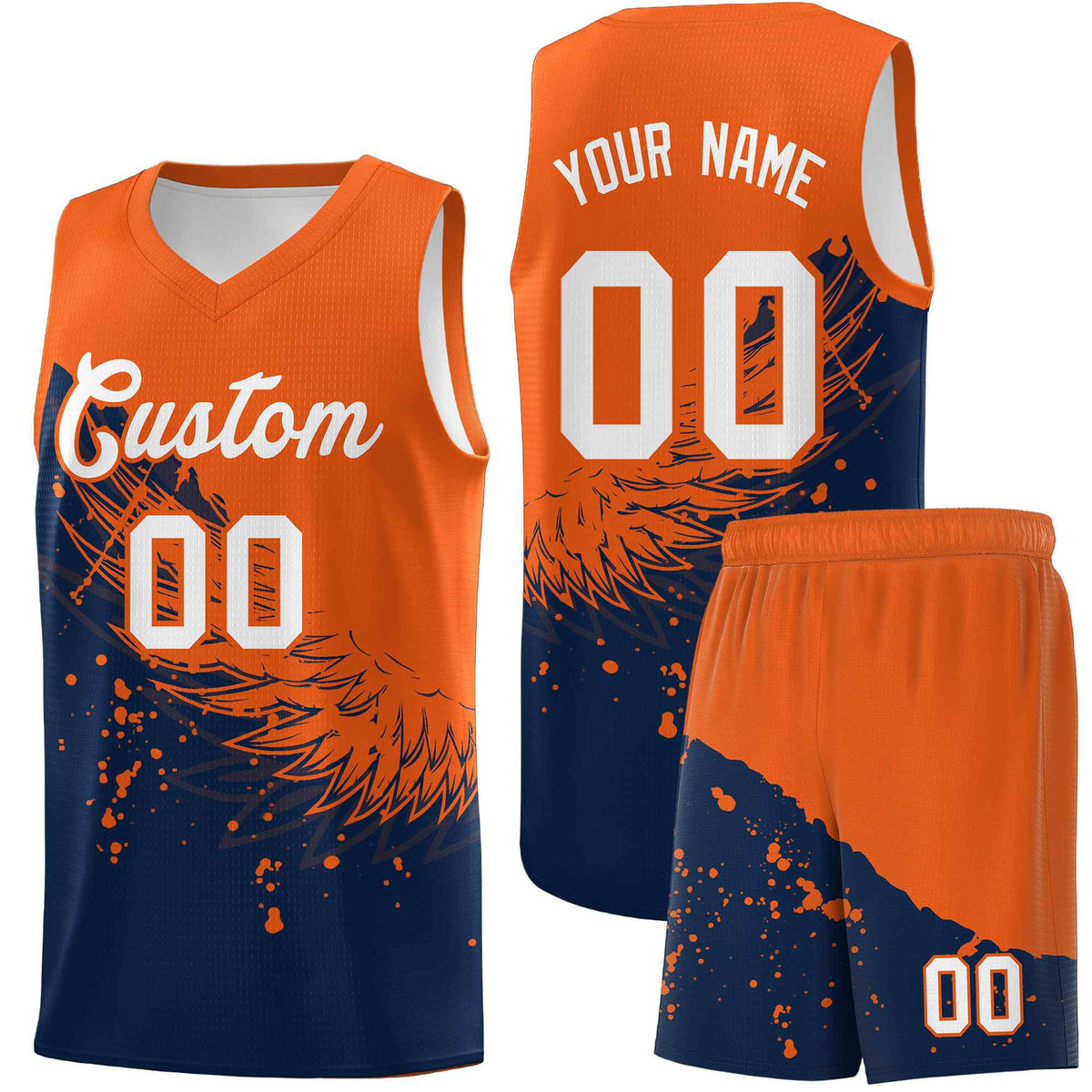 Custom Navy Orange Wing Pattern Sports Uniform Basketball Jersey