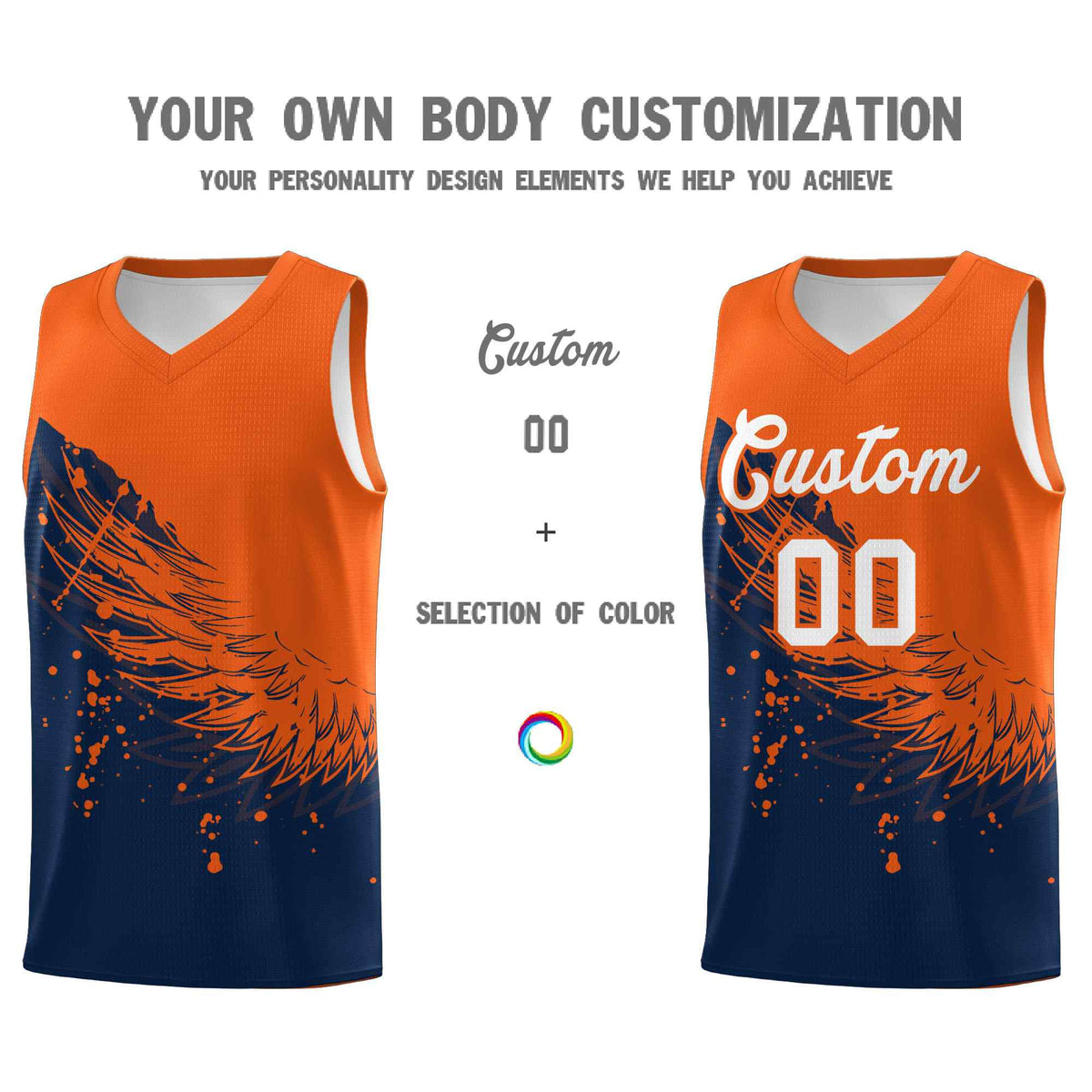 Custom Navy Orange Wing Pattern Sports Uniform Basketball Jersey
