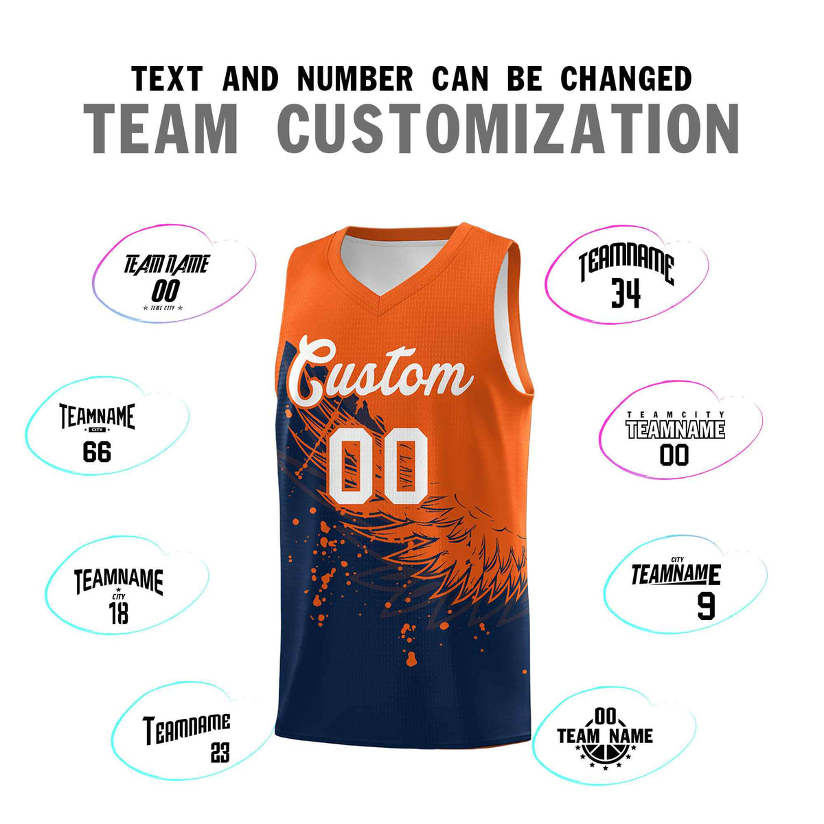 Custom Navy Orange Wing Pattern Sports Uniform Basketball Jersey