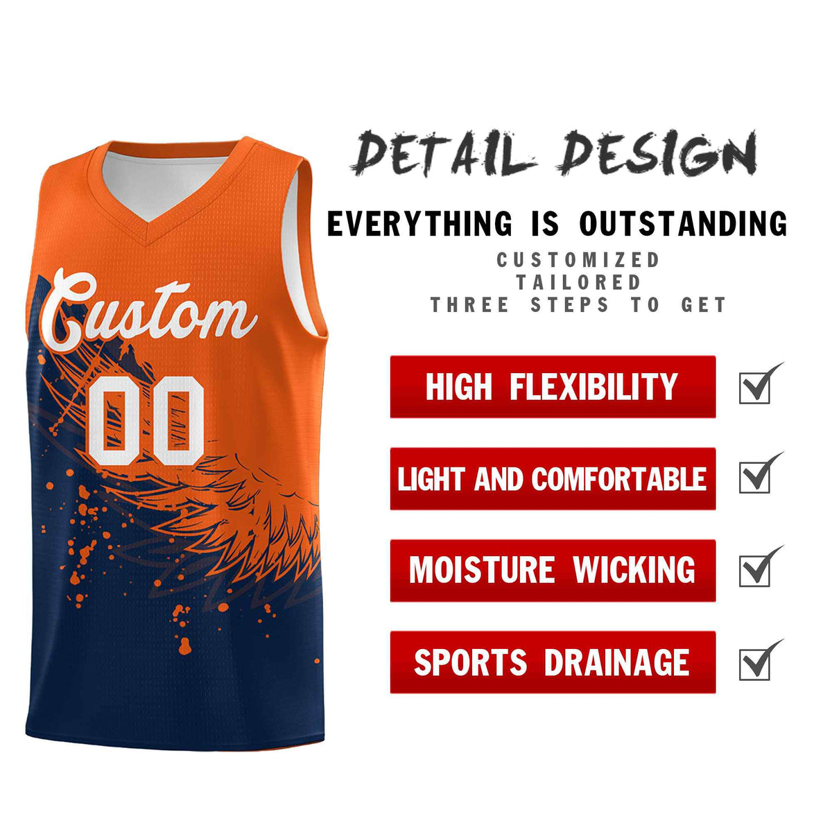 Custom Navy Orange Wing Pattern Sports Uniform Basketball Jersey