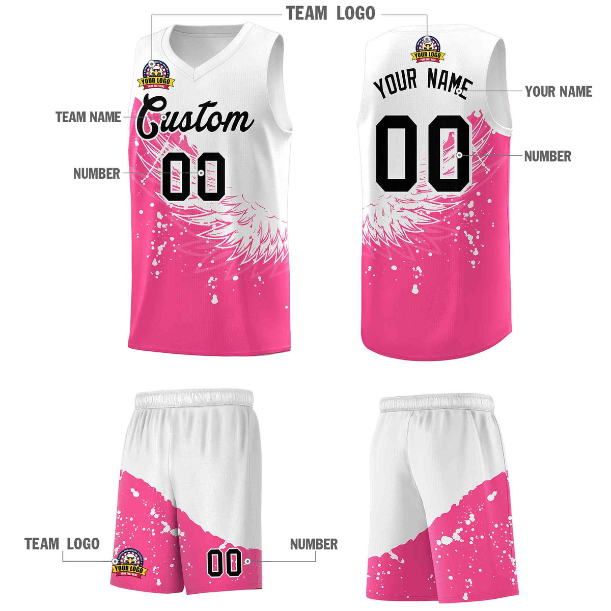 Custom Pink White Wing Pattern Sports Uniform Basketball Jersey