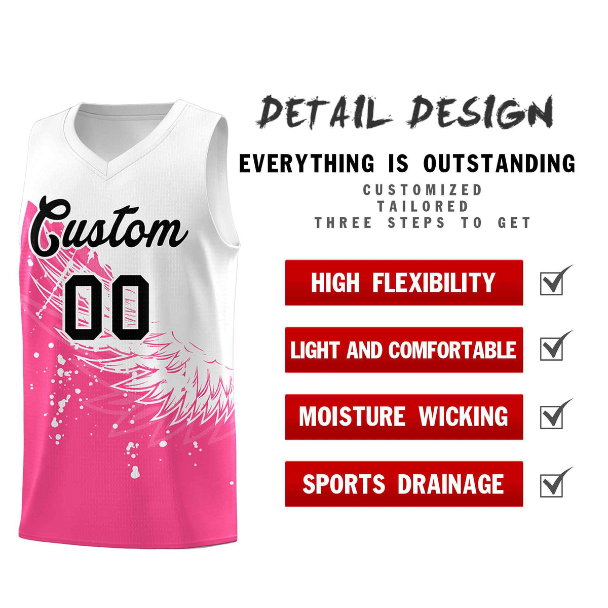 Custom Pink White Wing Pattern Sports Uniform Basketball Jersey