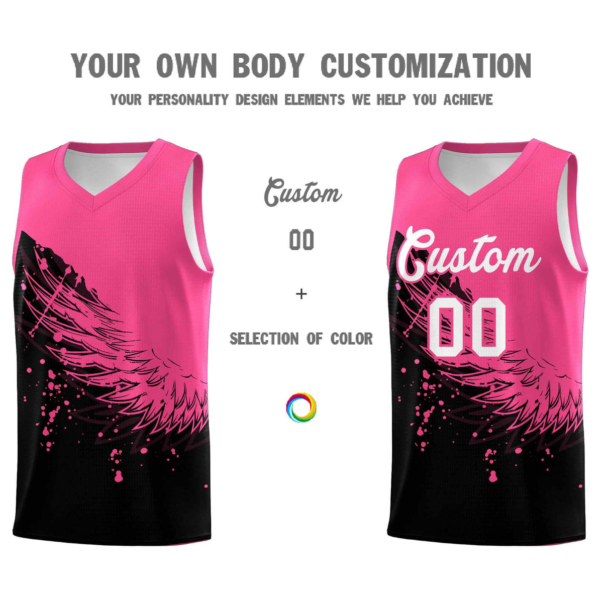 Custom Black Pink Wing Pattern Sports Uniform Basketball Jersey