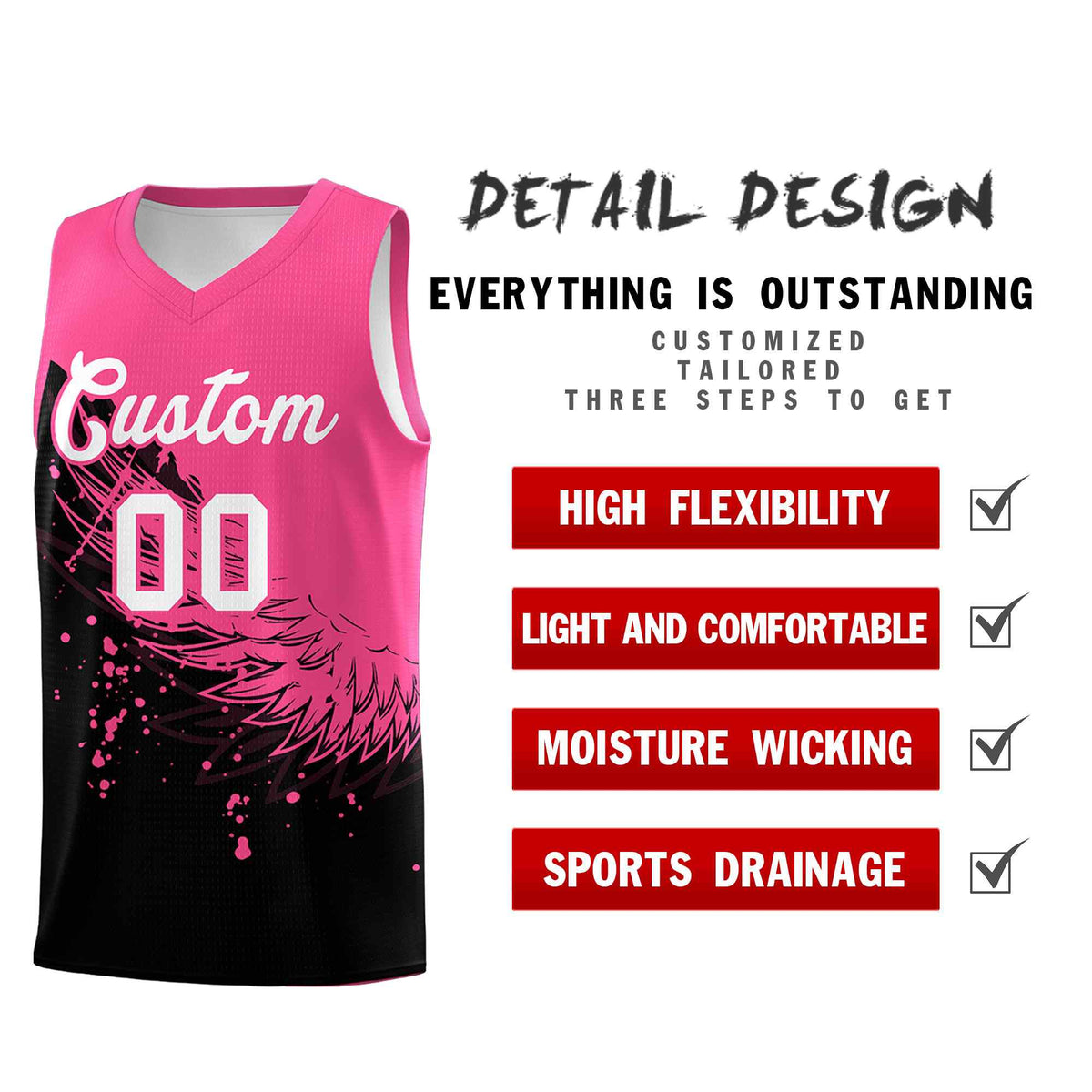 Custom Black Pink Wing Pattern Sports Uniform Basketball Jersey