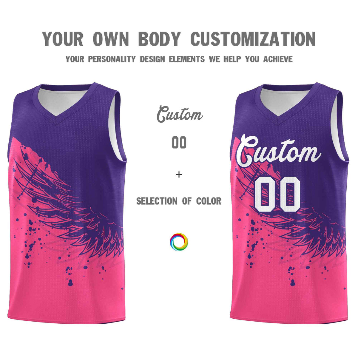 Custom Pink Purple Wing Pattern Sports Uniform Basketball Jersey
