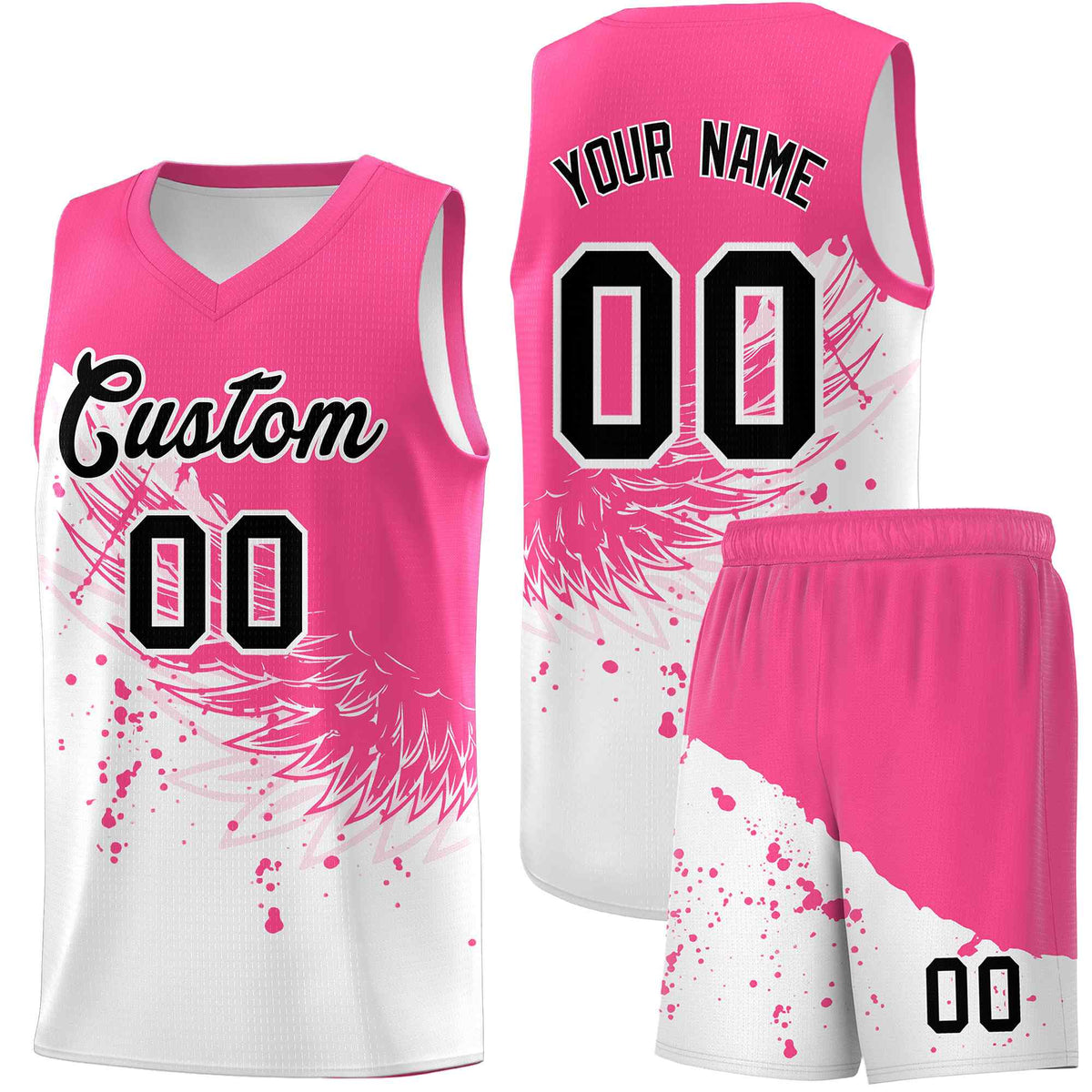 Custom White Pink Wing Pattern Sports Uniform Basketball Jersey