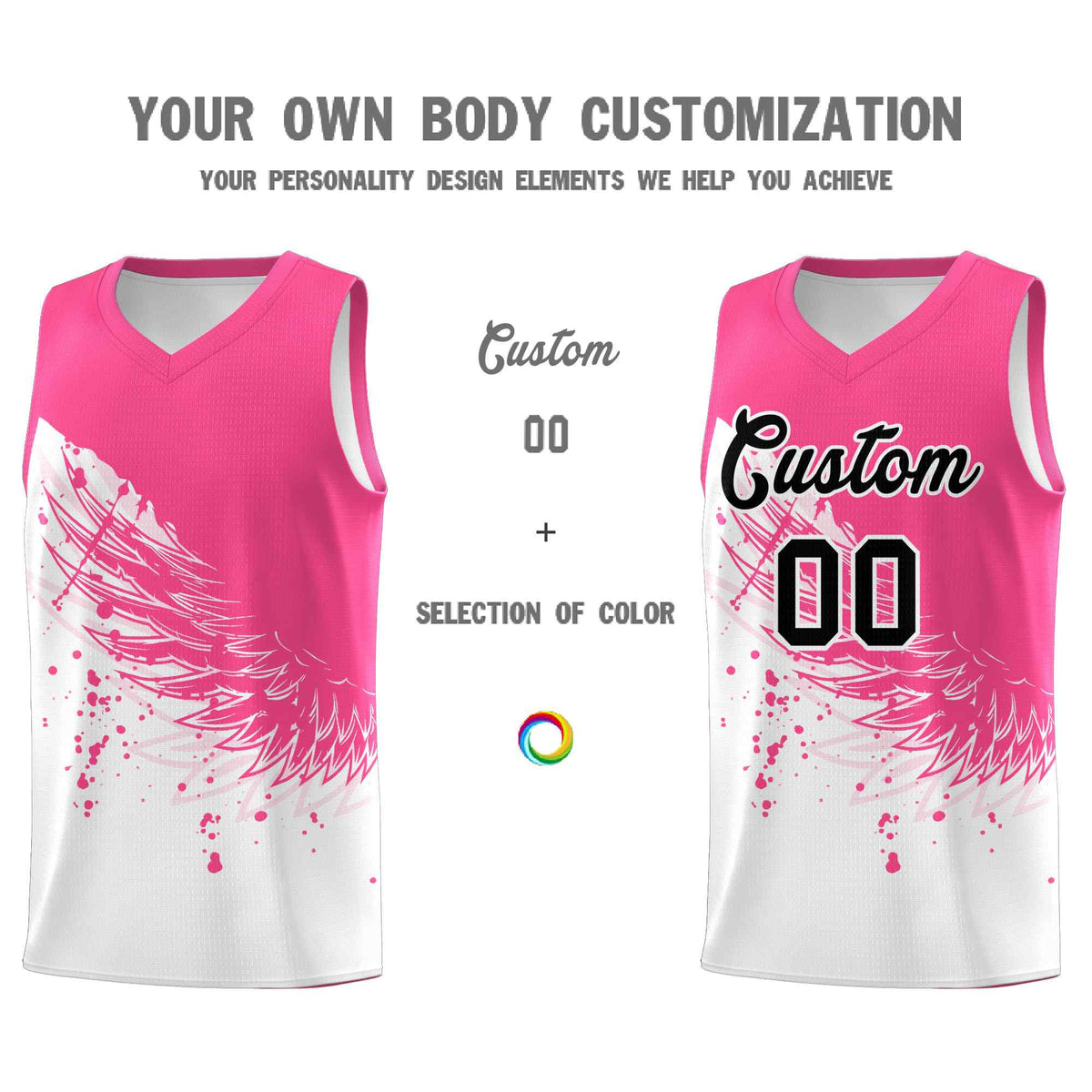 Custom White Pink Wing Pattern Sports Uniform Basketball Jersey
