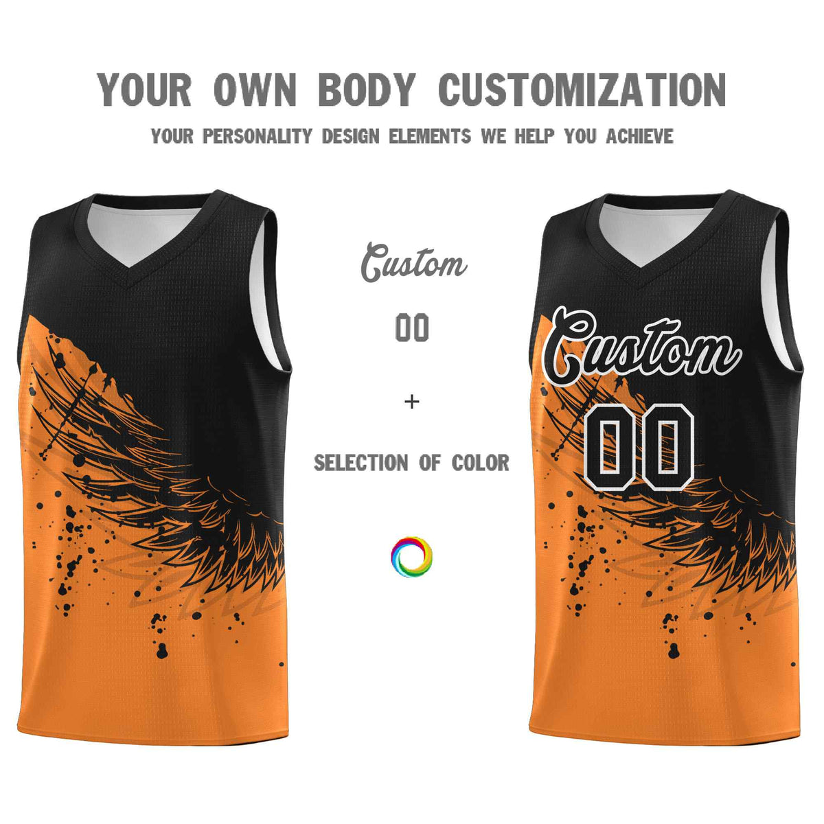 Custom Gold Orange Black Wing Pattern Sports Uniform Basketball Jersey