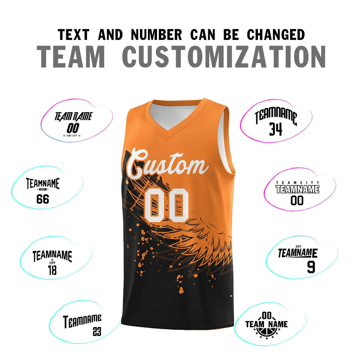 Custom Black Gold Orange Wing Pattern Sports Uniform Basketball Jersey