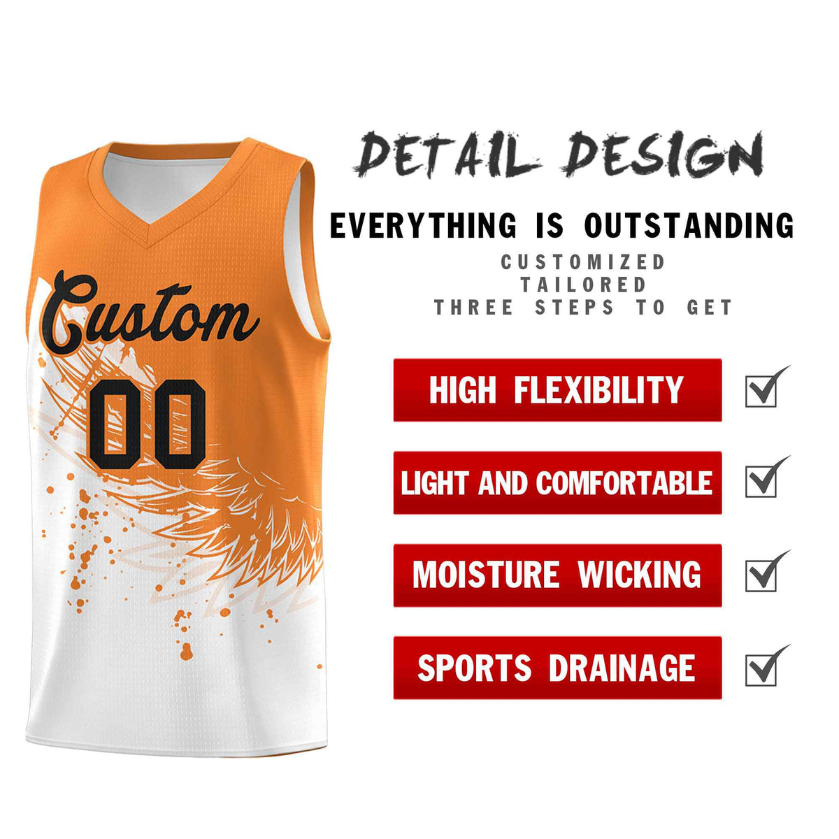 Custom White Gold Orange Wing Pattern Sports Uniform Basketball Jersey