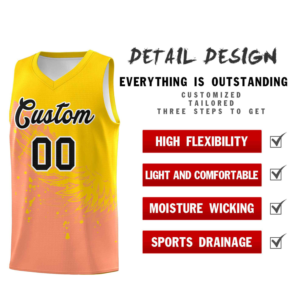 Custom Light Orange Gold Wing Pattern Sports Uniform Basketball Jersey