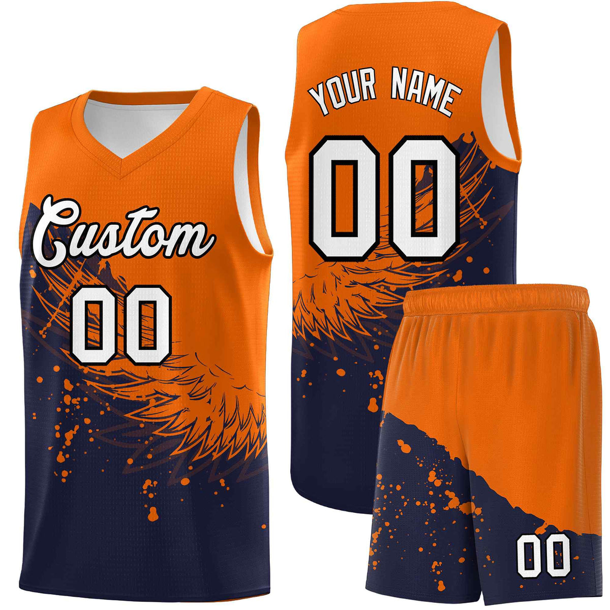 Custom Navy Orange Wing Pattern Sports Uniform Basketball Jersey