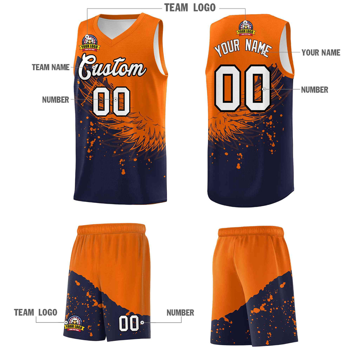 Custom Navy Orange Wing Pattern Sports Uniform Basketball Jersey