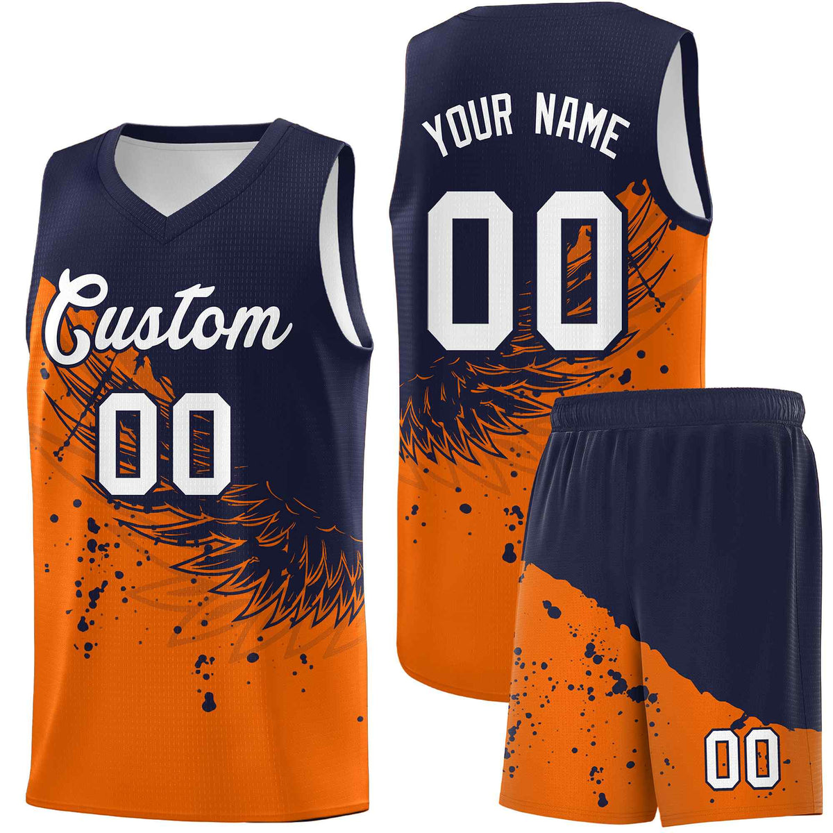 Custom Orange Navy Wing Pattern Sports Uniform Basketball Jersey