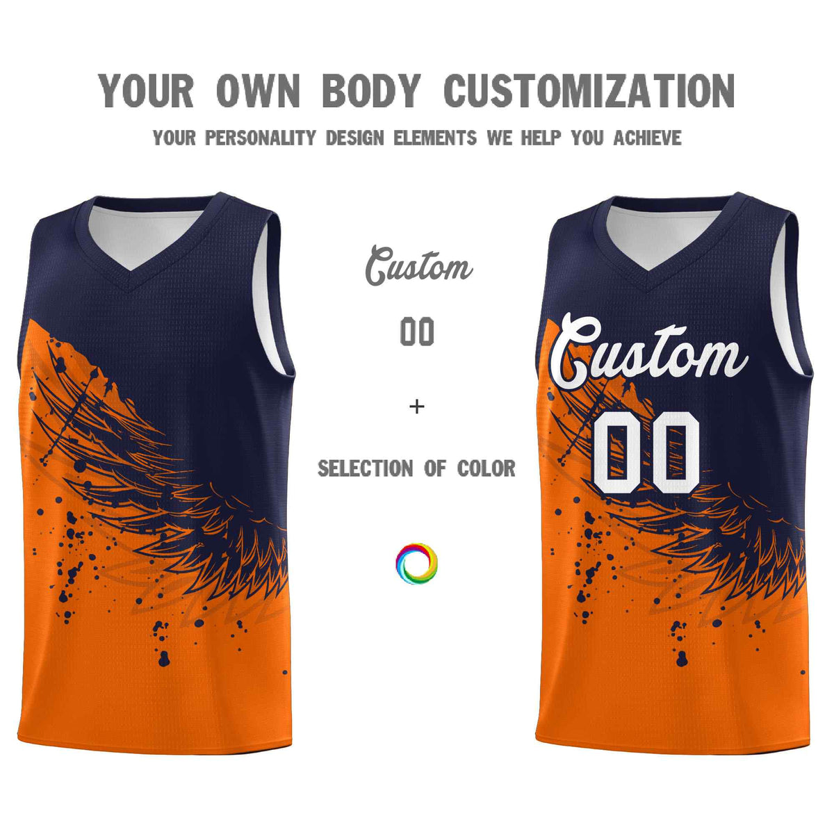 Custom Orange Navy Wing Pattern Sports Uniform Basketball Jersey
