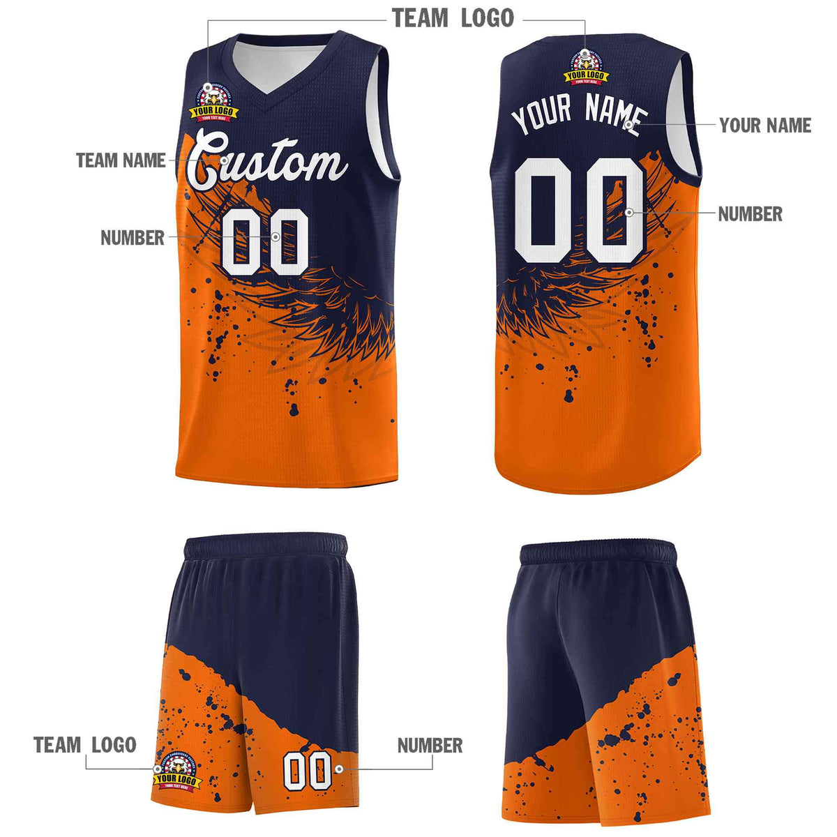 Custom Orange Navy Wing Pattern Sports Uniform Basketball Jersey