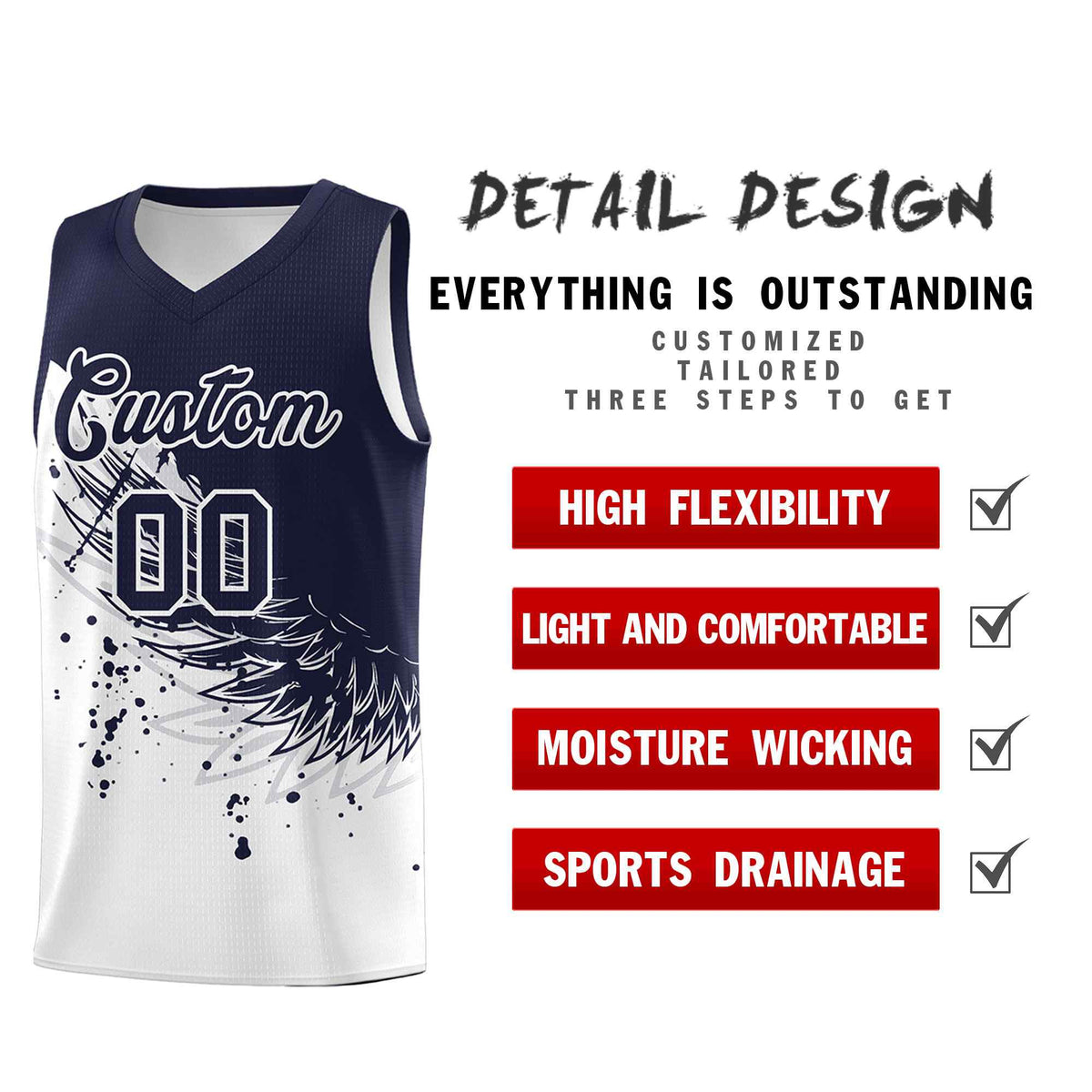 Custom White Navy Wing Pattern Sports Uniform Basketball Jersey