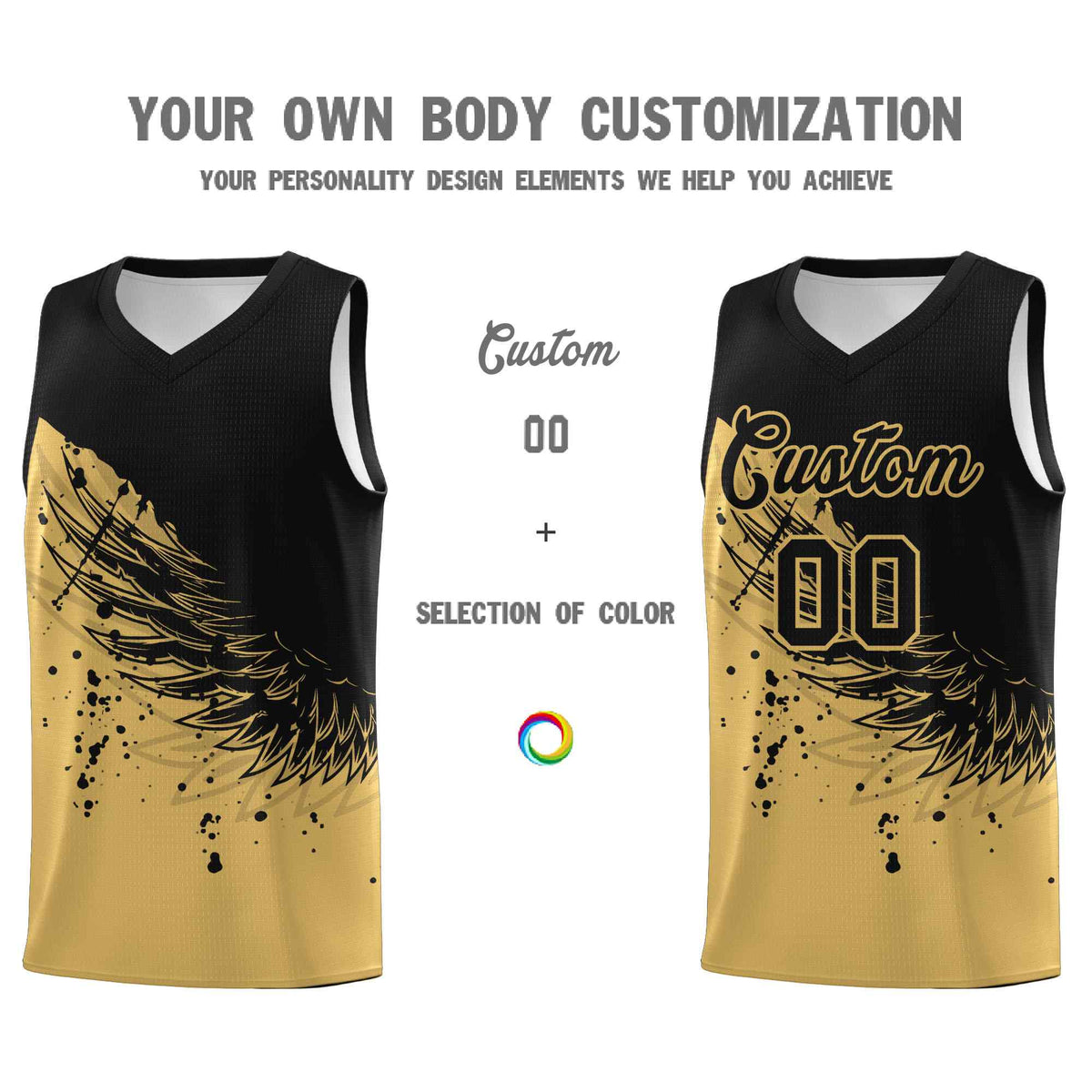 Custom Old Gold Black Wing Pattern Sports Uniform Basketball Jersey