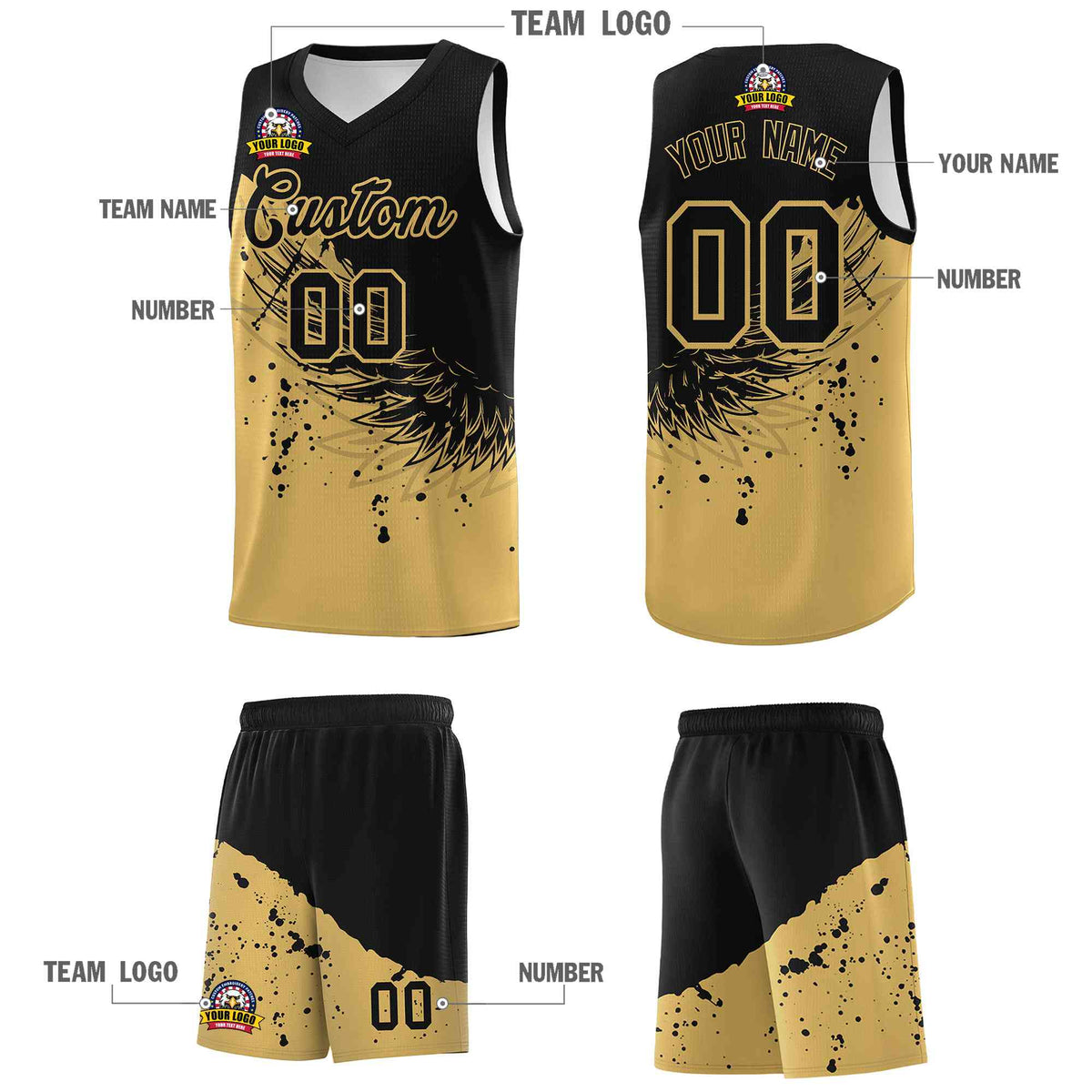 Custom Old Gold Black Wing Pattern Sports Uniform Basketball Jersey