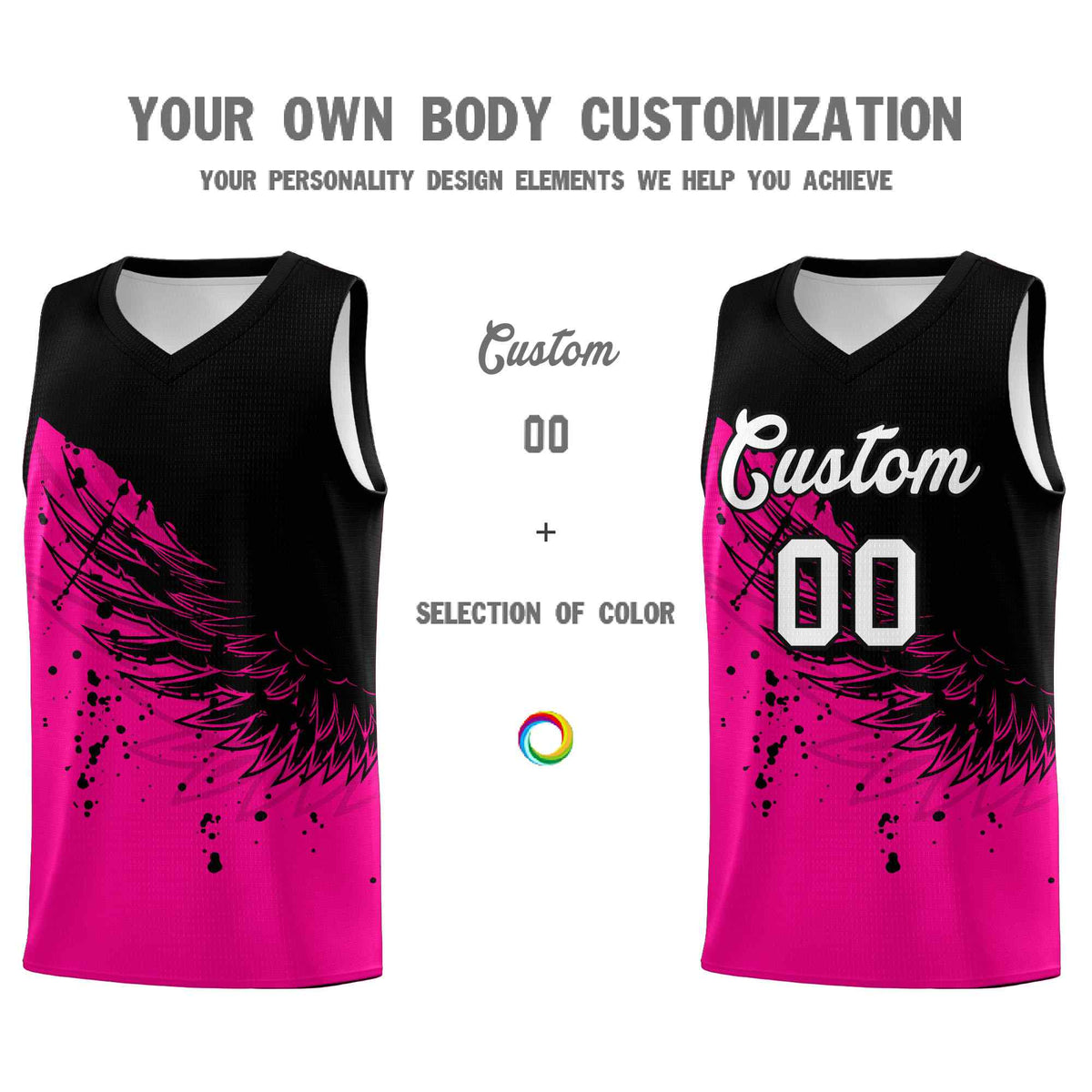 Custom Pink Black Wing Pattern Sports Uniform Basketball Jersey