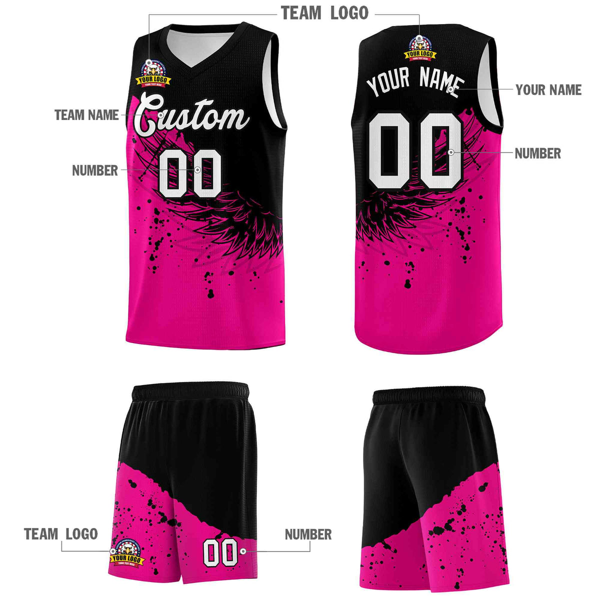 Custom Pink Black Wing Pattern Sports Uniform Basketball Jersey