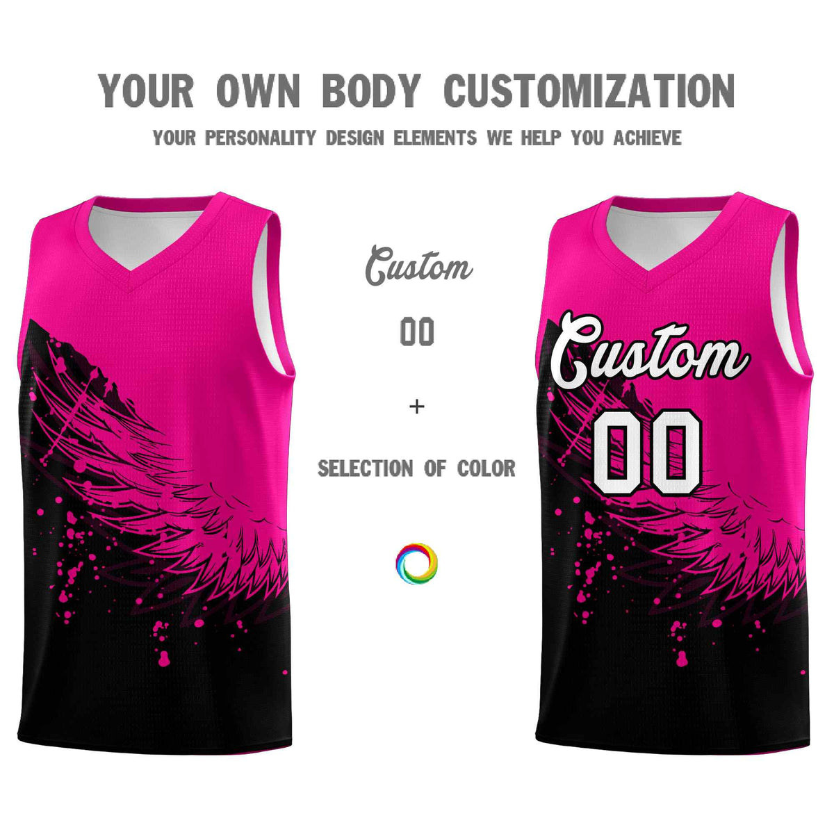 Custom Black Pink Wing Pattern Sports Uniform Basketball Jersey