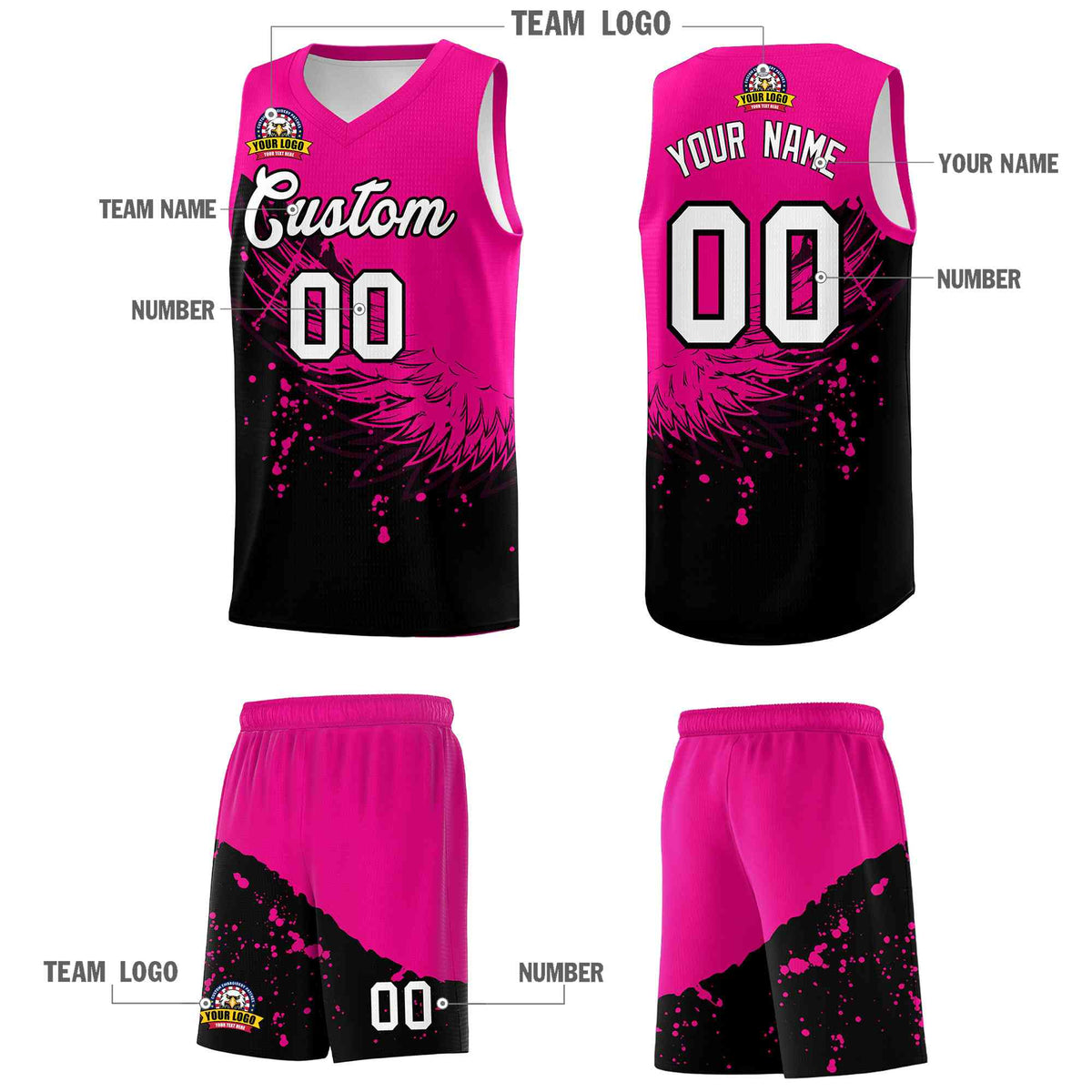 Custom Black Pink Wing Pattern Sports Uniform Basketball Jersey