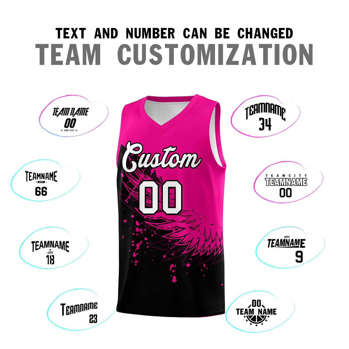 Custom Black Pink Wing Pattern Sports Uniform Basketball Jersey