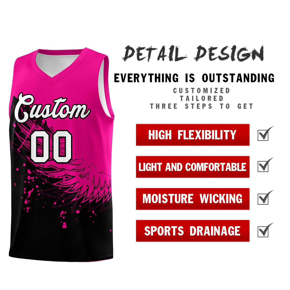 Custom Black Pink Wing Pattern Sports Uniform Basketball Jersey