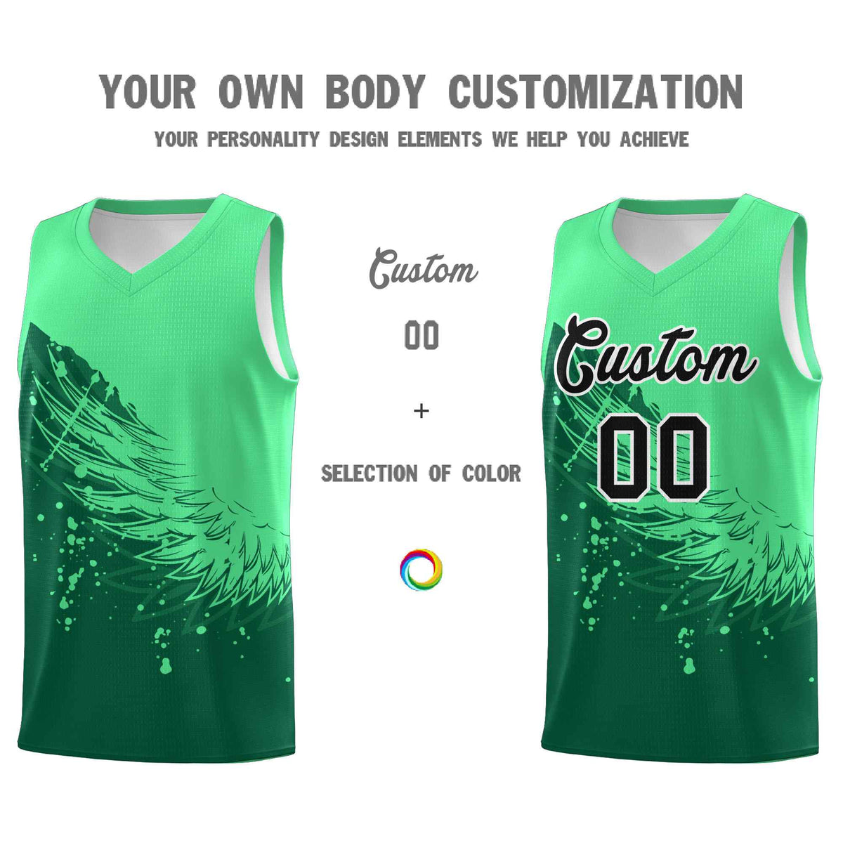Custom Kelly Green Green Wing Pattern Sports Uniform Basketball Jersey