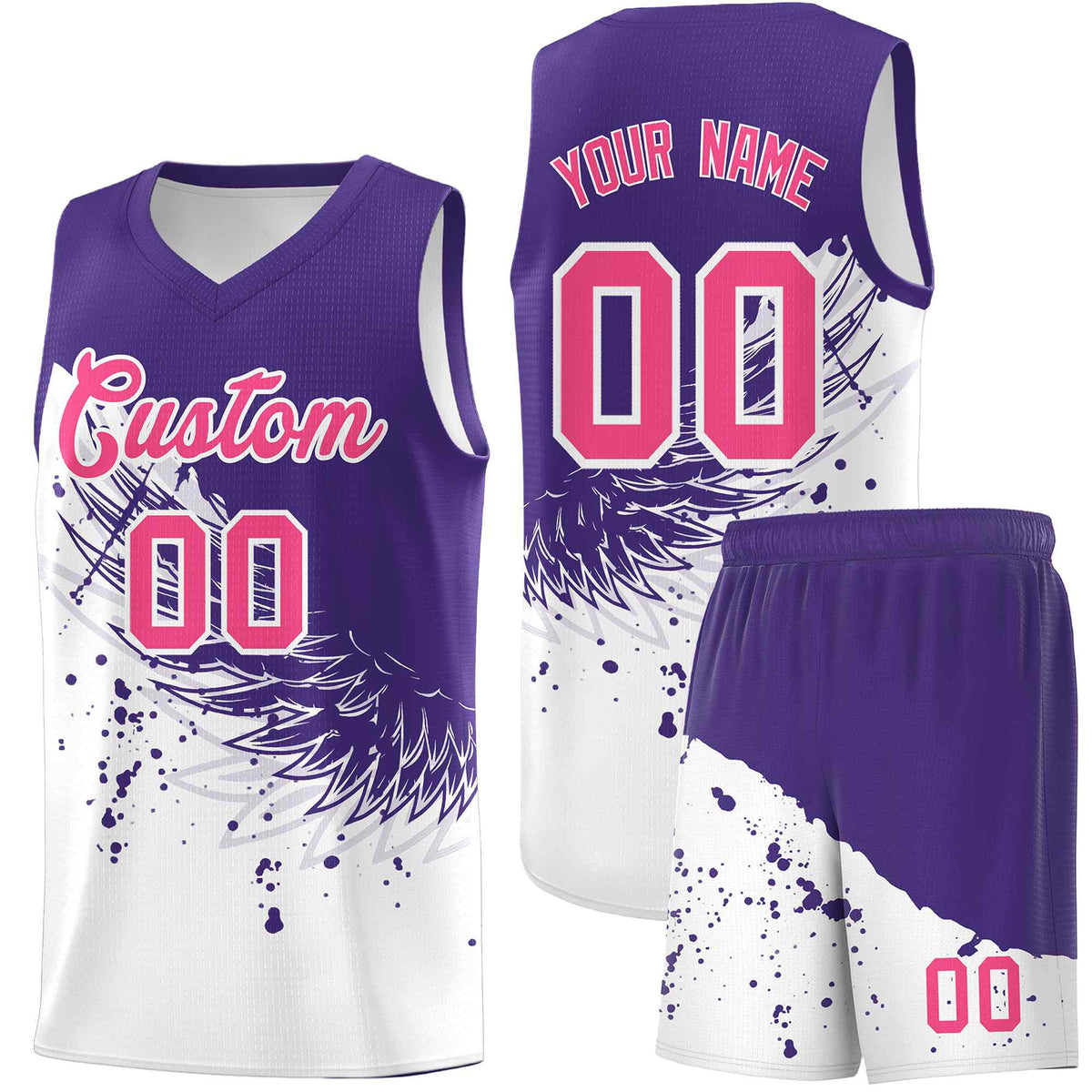 Custom White Purple Wing Pattern Sports Uniform Basketball Jersey