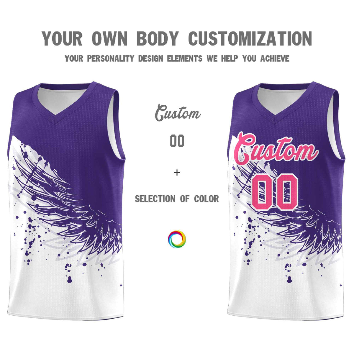 Custom White Purple Wing Pattern Sports Uniform Basketball Jersey