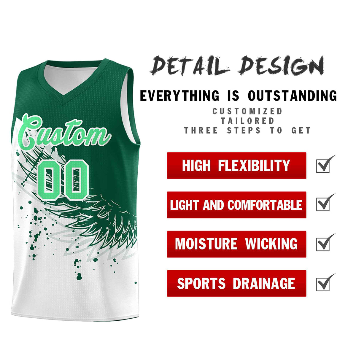 Custom White Kelly Green Wing Pattern Sports Uniform Basketball Jersey